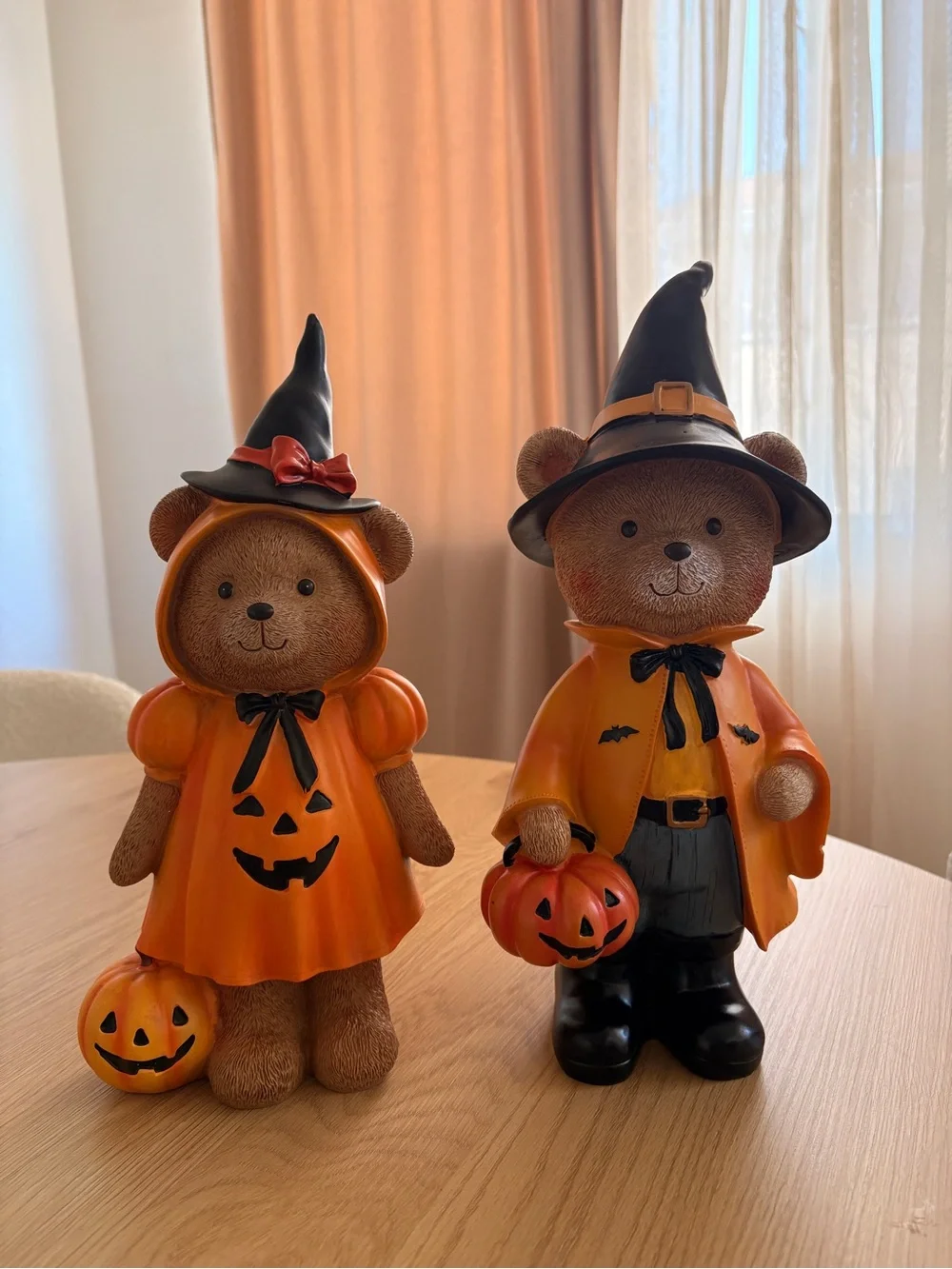 Halloween Teddy Bear Figurine in pumpkin costumes - Orange Witch & Wizard Bears